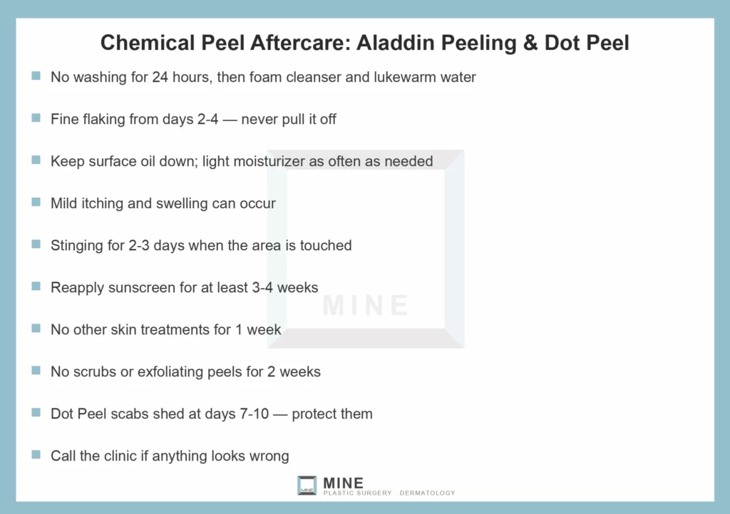 Chemical peel aftercare checklist of 10 rules for Aladdin Peeling and Dot Peel patients at MINE Clinic Seoul