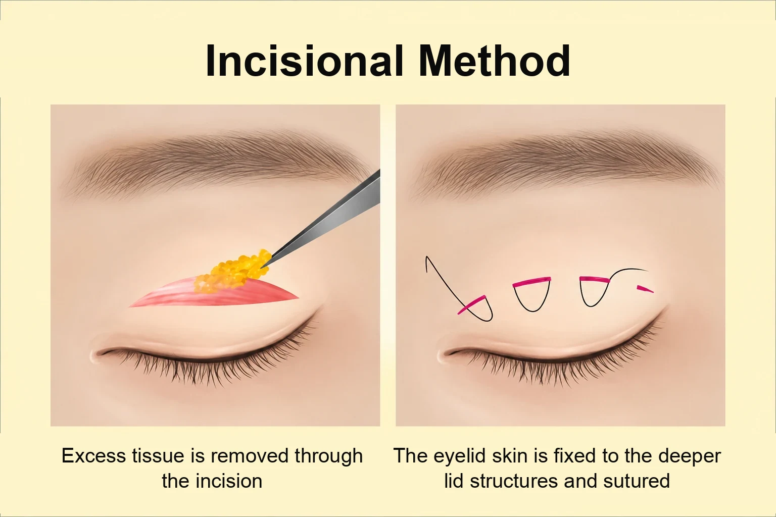 Full incision method diagram showing removal of excess tissue and fixation of the eyelid crease