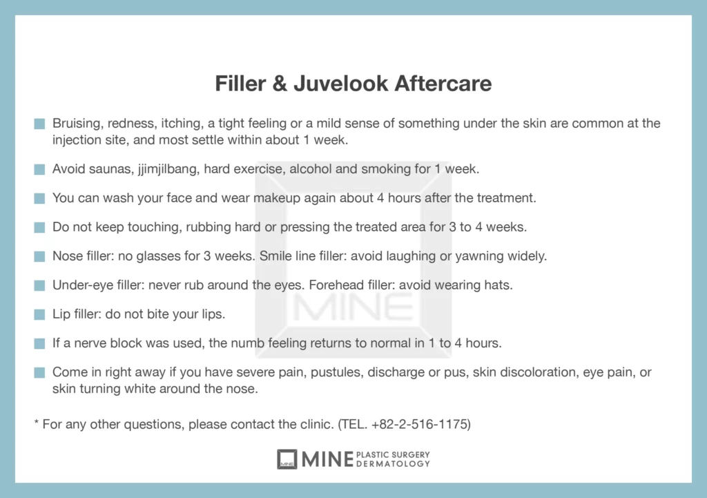 Filler aftercare card from MINE listing what is normal, what to avoid for one week, area-by-area rules and the warning signs after filler or Juvelook