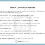 Filler aftercare card from MINE listing what is normal, what to avoid for one week, area-by-area rules and the warning signs after filler or Juvelook
