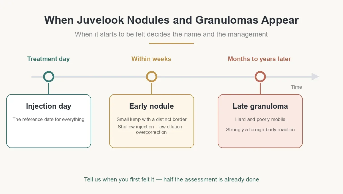 Timeline of when Juvelook nodules appear — treatment day, early nodule within weeks, late granuloma months to years later