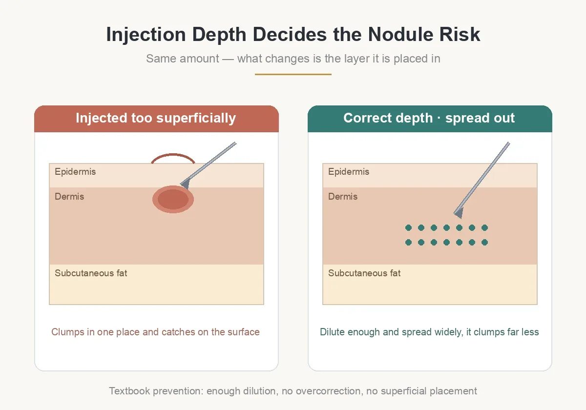 Injection depth comparison for Juvelook nodules — particles clumped in a superficial layer versus spread evenly in the deep plane