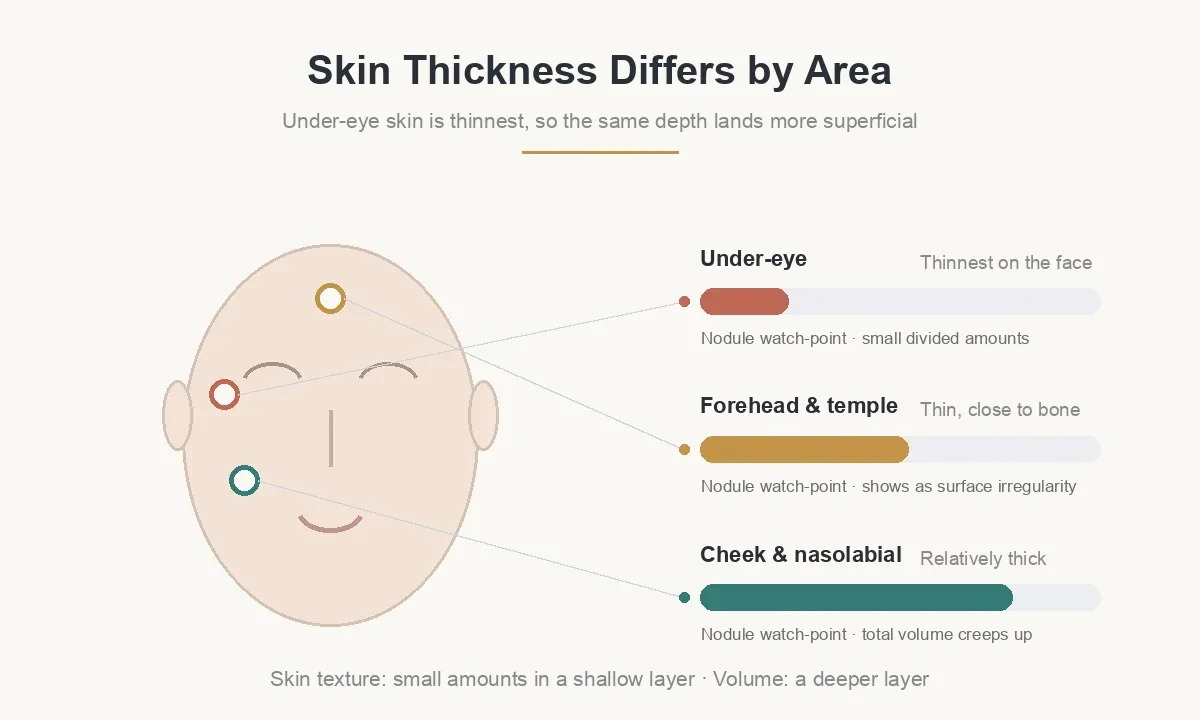 Skin thickness by facial area and Juvelook nodules risk — under-eye, forehead and temple, cheek and nasolabial