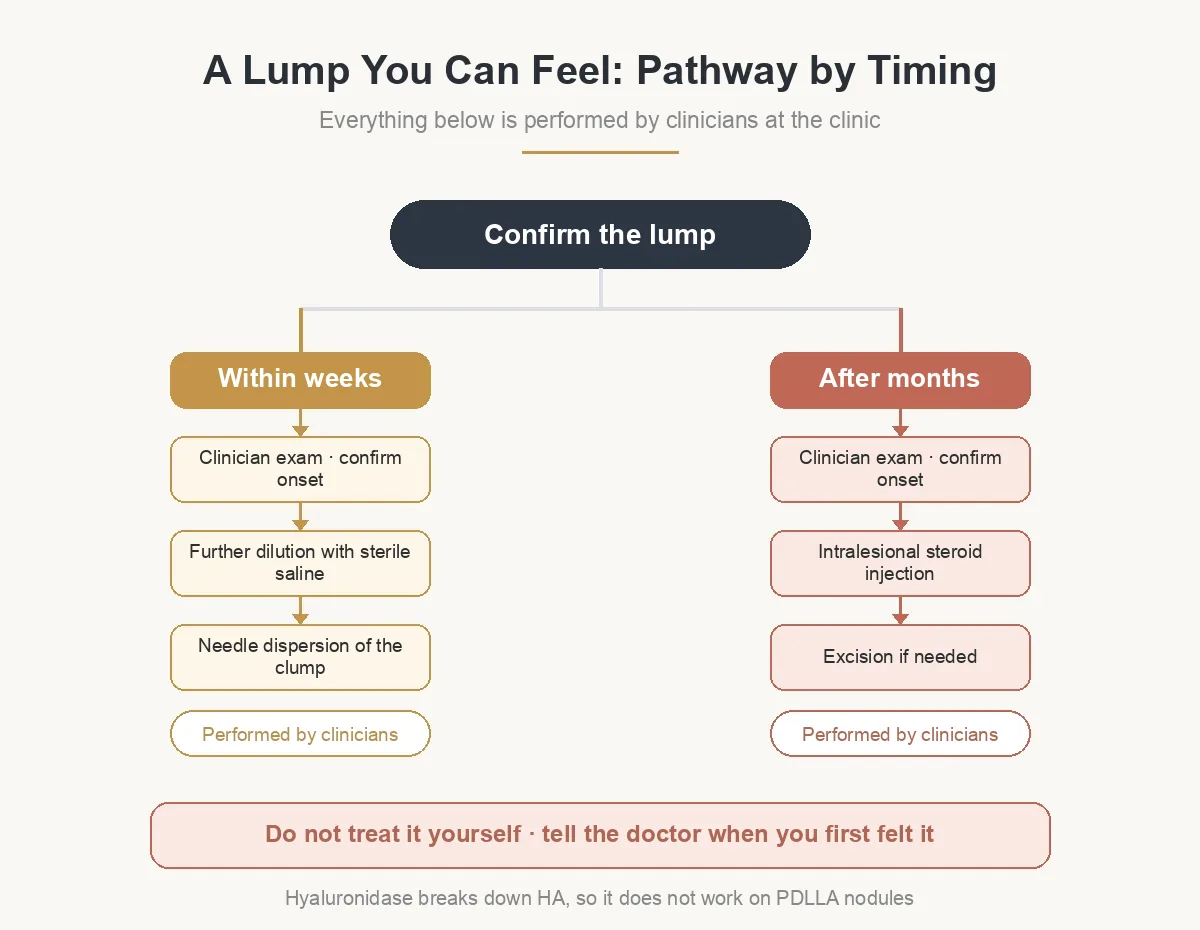 Management pathway for Juvelook nodules by timing — dilution or needle dispersion within weeks, intralesional steroid or excision after months