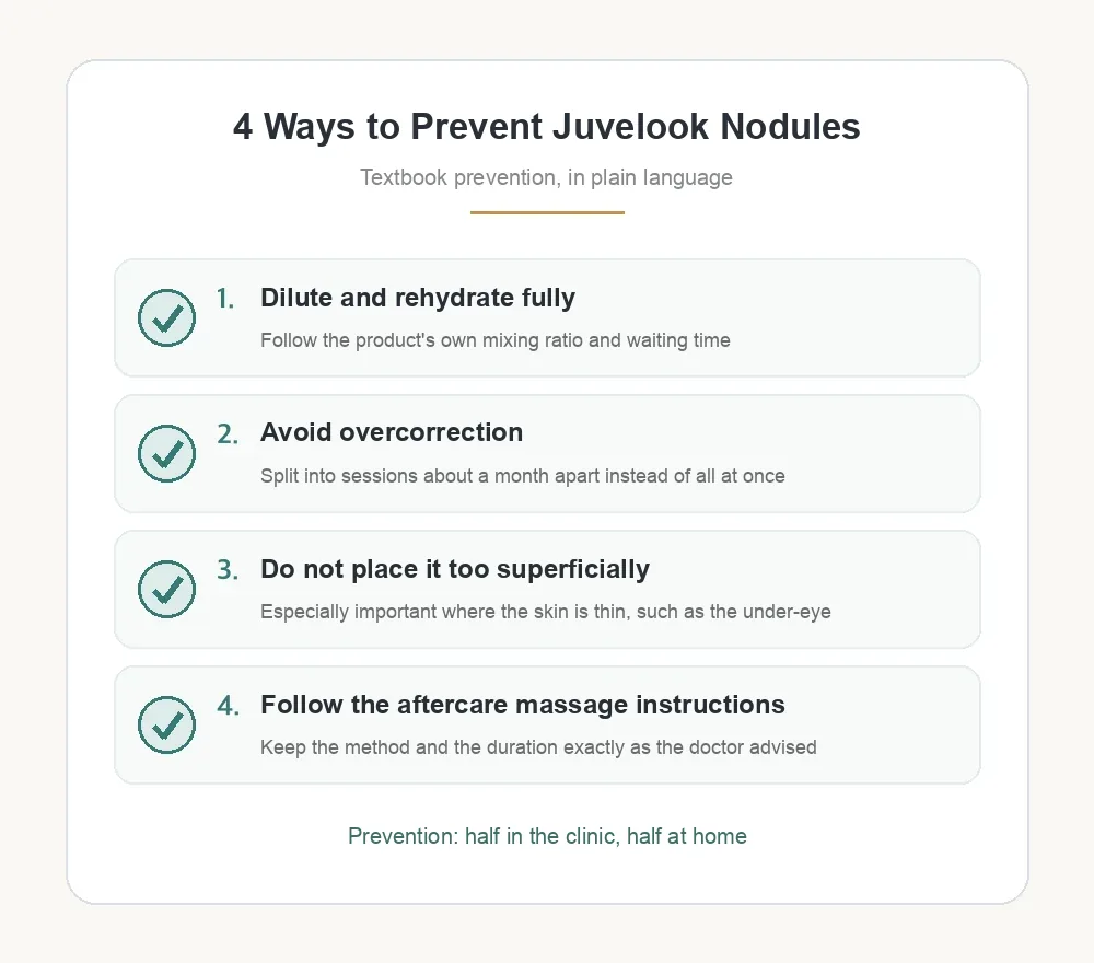 Four ways to prevent Juvelook nodules — full dilution, avoiding overcorrection, correct depth, and aftercare massage as instructed
