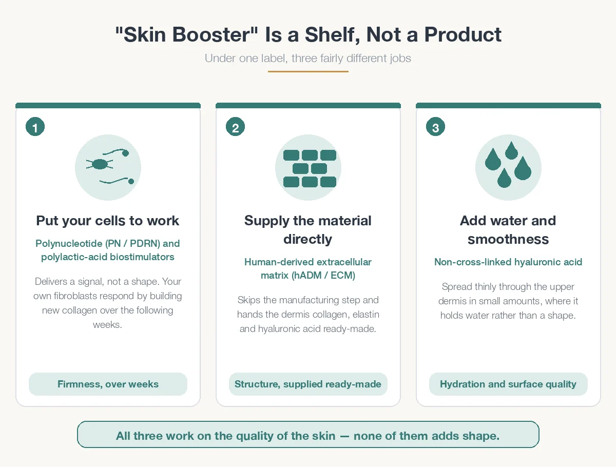 Three types of skin booster: cell-stimulating, material-supplying, and hydrating