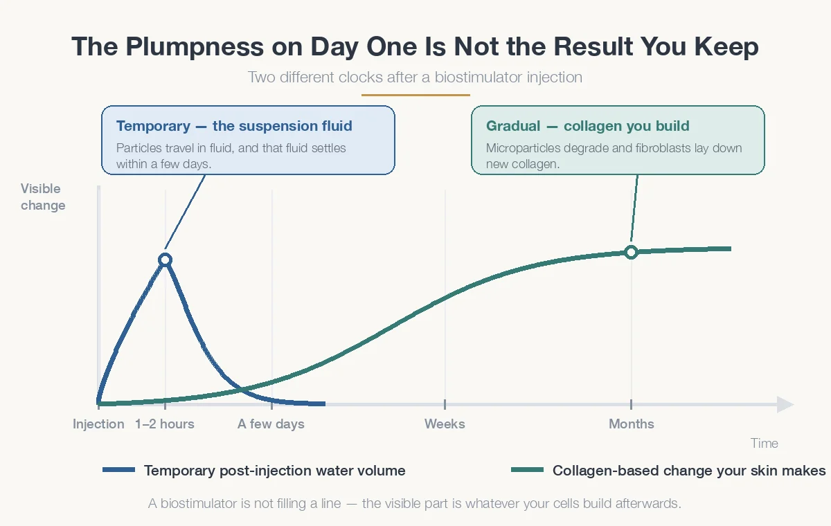 Timeline showing temporary post-injection swelling versus gradual collagen-based change