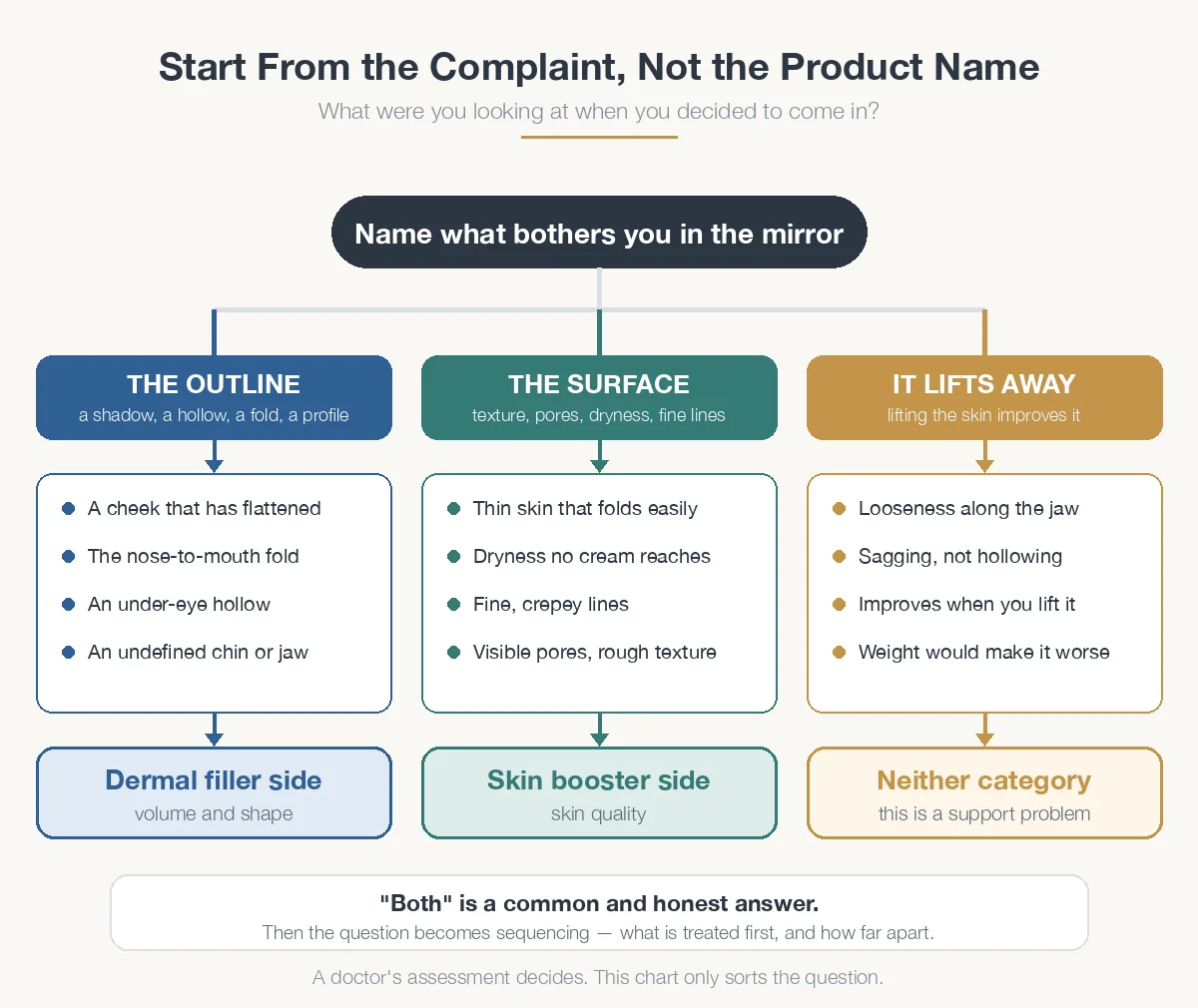 Decision flowchart for choosing between a skin booster and a dermal filler