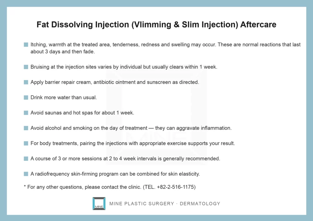 Fat dissolving injection aftercare card from MINE Plastic Surgery & Dermatology listing normal reactions, bruising, skin care, restrictions and session intervals