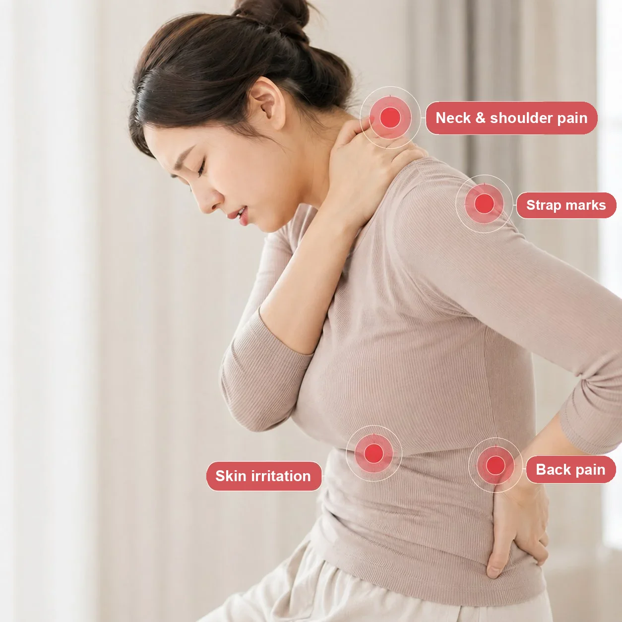 Infographic of common symptoms that lead women to consider breast reduction surgery: neck and shoulder pain, bra strap marks, skin irritation under the breast and back pain