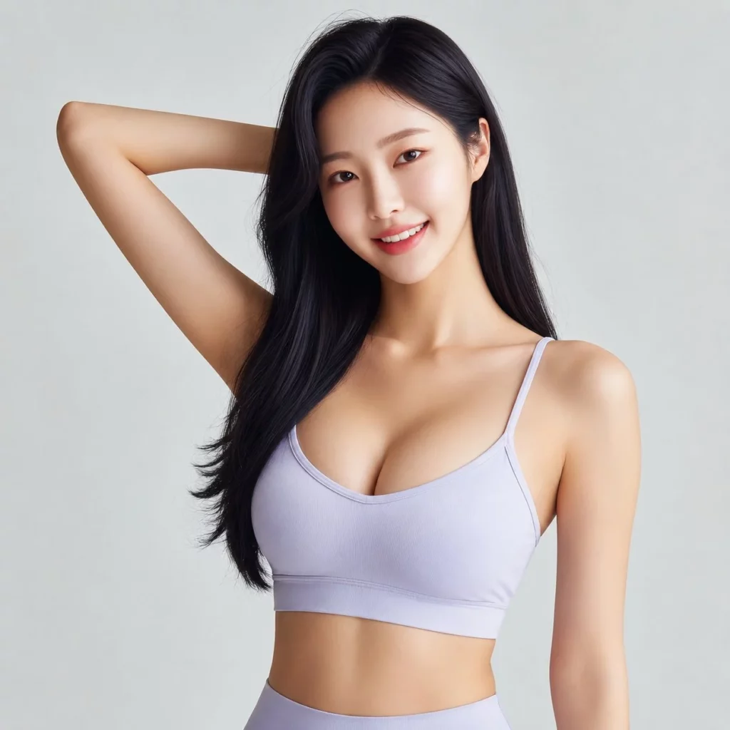 Smiling woman in a lavender sports bra illustrating a natural-looking breast contour (model image)