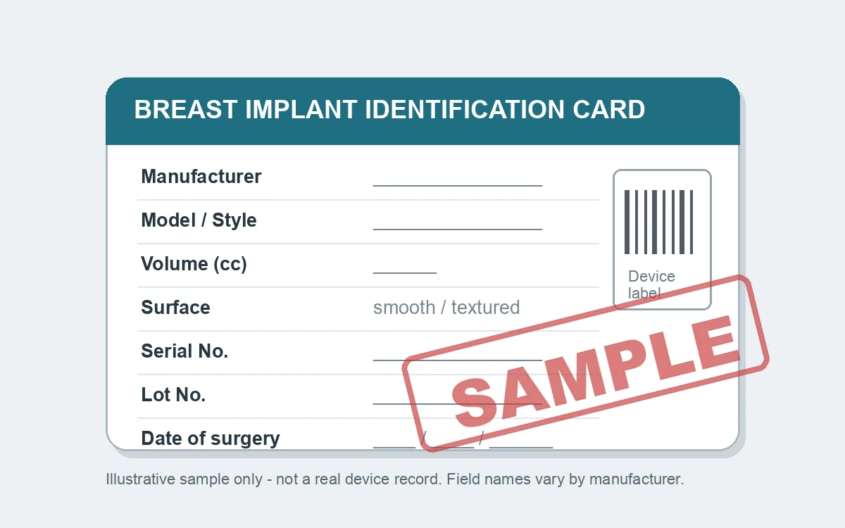 Sample breast implant card showing manufacturer, model, volume, serial and lot number fields to bring for breast implant revision after surgery abroad