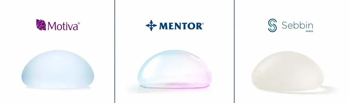 Breast implants from three manufacturers — Motiva, Mentor and Sebbin — shown side by side, one factor in breast augmentation cost in Korea.