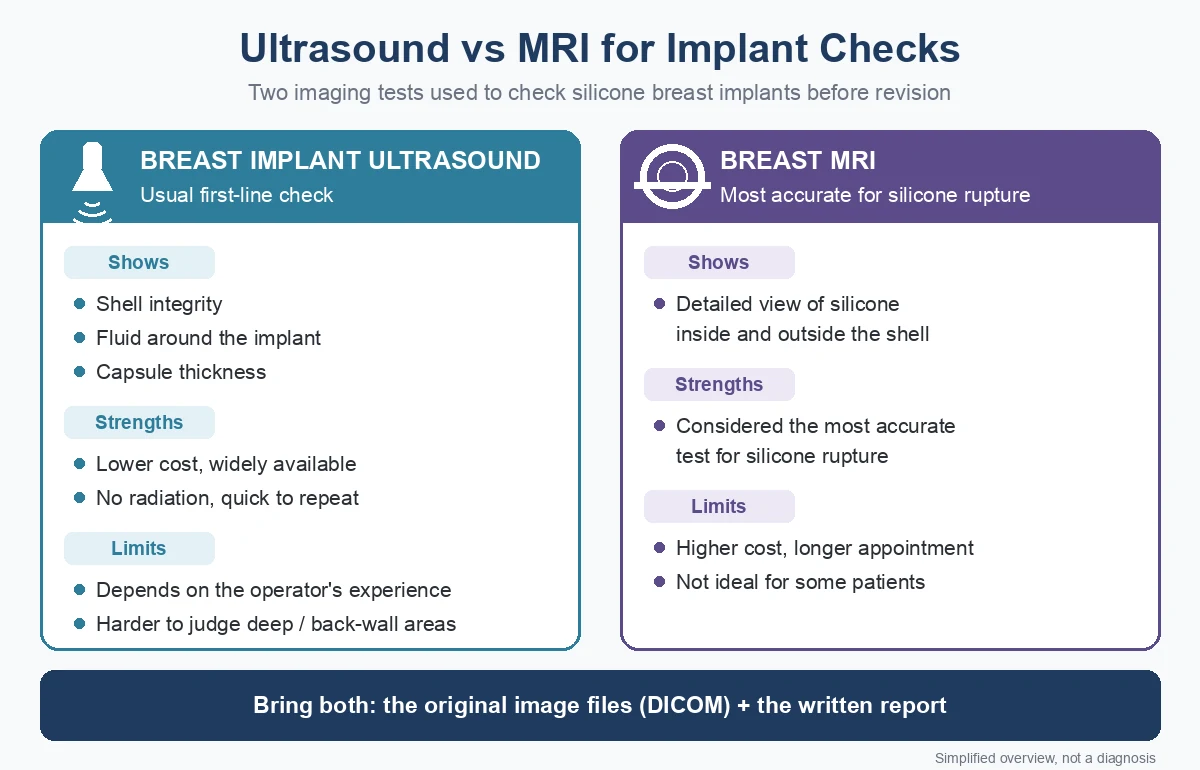 Ultrasound vs MRI comparison chart: what each test shows, its strengths and limits when checking silicone implants for breast implant revision after surgery abroad