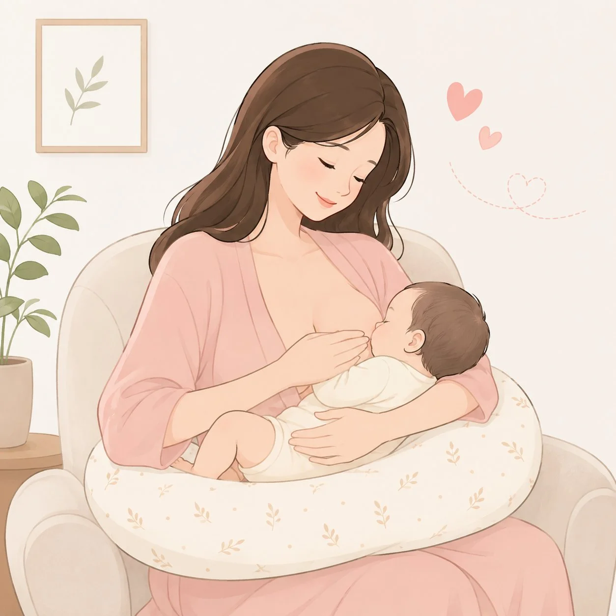Illustration of a mother breastfeeding her baby on a nursing pillow, explaining breastfeeding after breast surgery