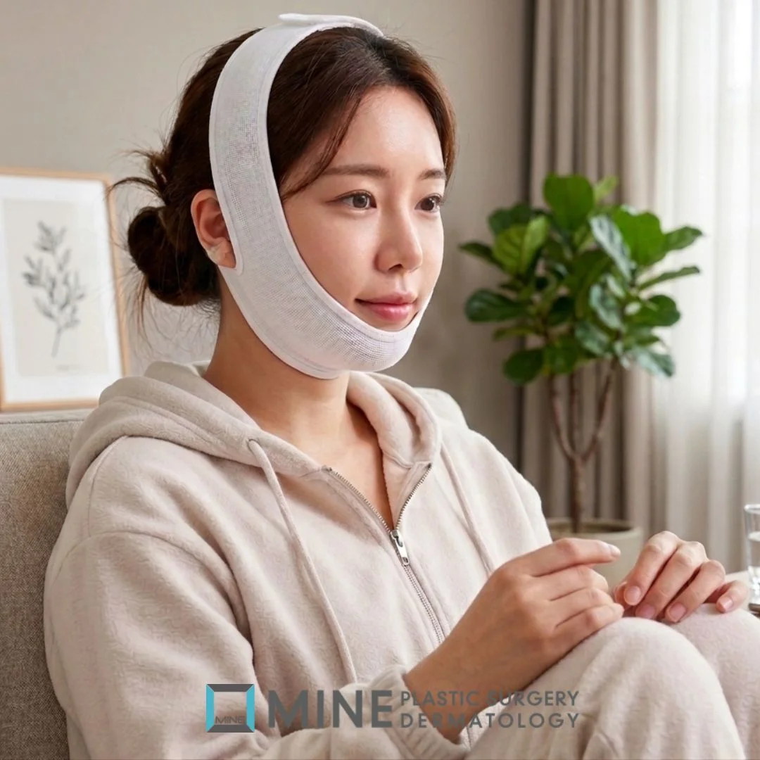 Model wearing a chin compression band after liposuction (model photo, not a patient result)