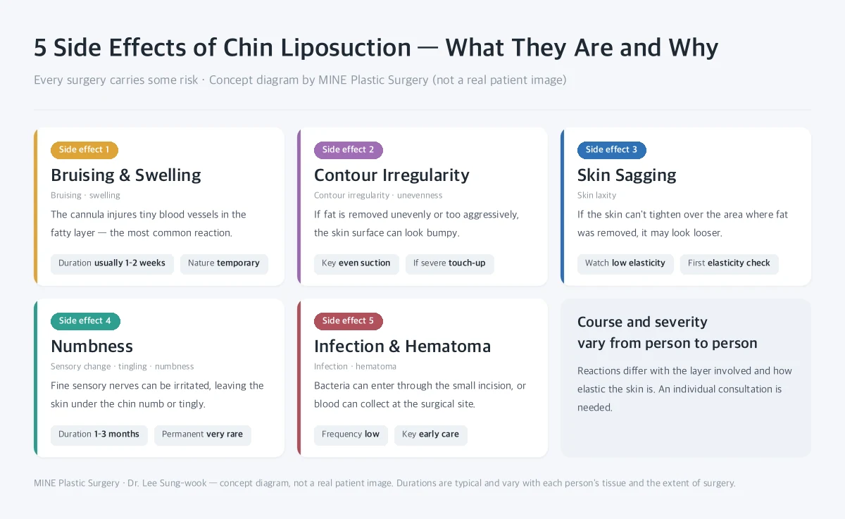 Chin liposuction side effects infographic: five risks with typical duration and prevention for each