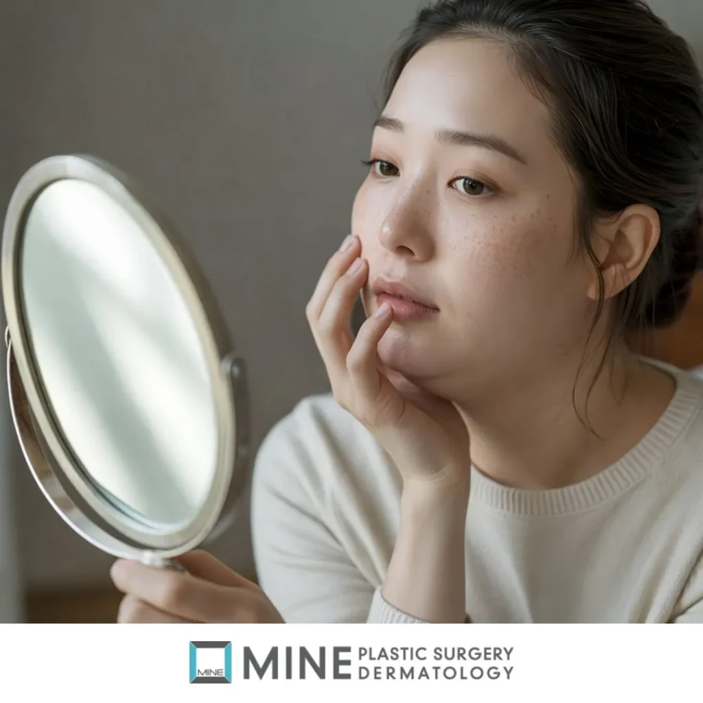 Woman checking her jawline in a mirror, worried about a double chin after weight loss