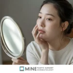 Woman checking her jawline in a mirror, worried about a double chin after weight loss