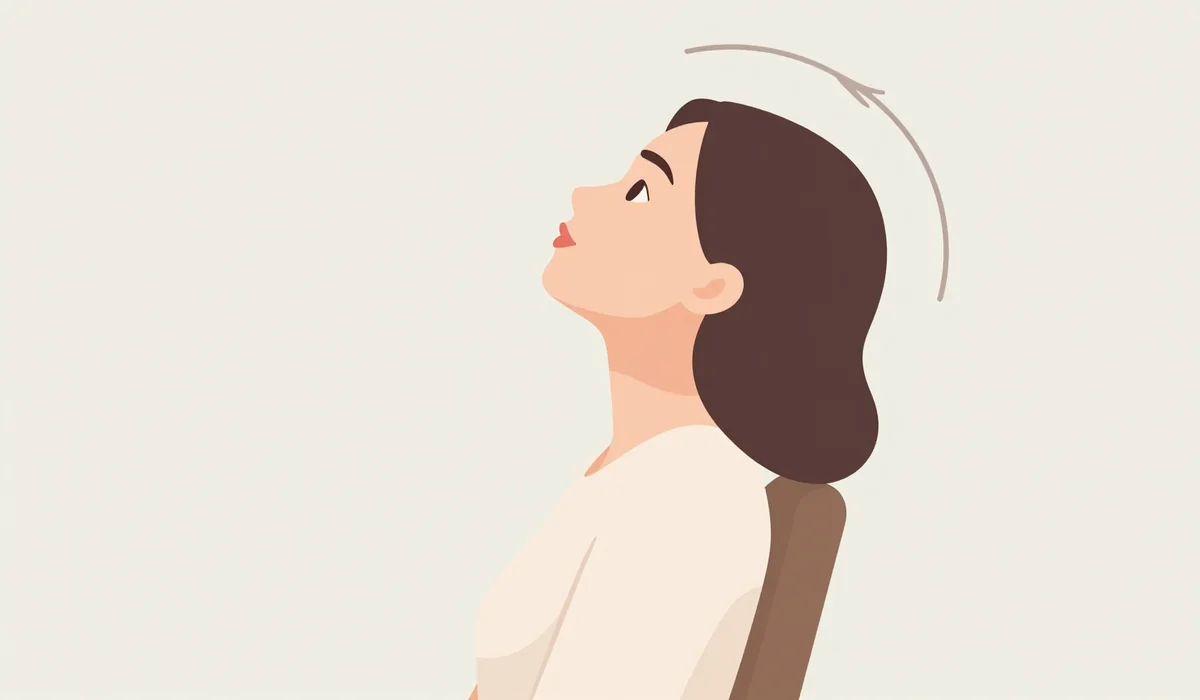 Front-of-neck stretch among double chin exercises: a seated woman leaning against a chair back tilts her head up toward the ceiling