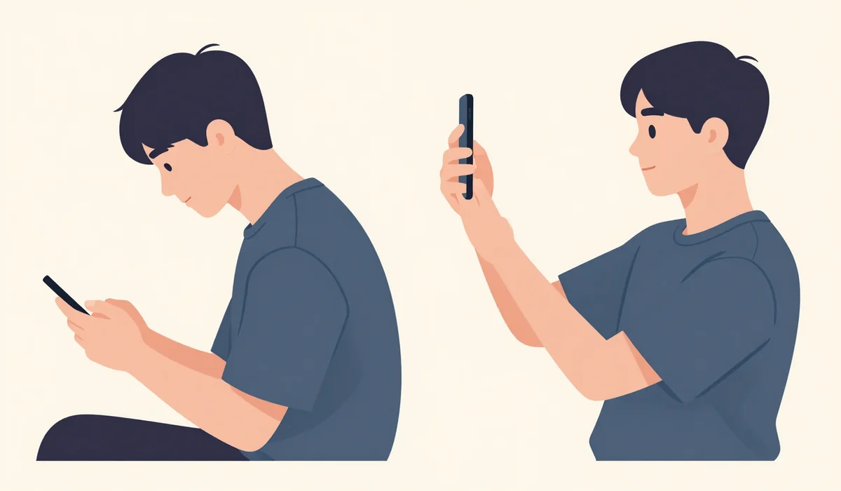 Posture tip alongside double chin exercises: a man looking down at his smartphone versus holding the screen up at eye level
