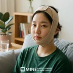 Illustrative image of a woman resting at home in a chin compression garment, which often bothers people more than double chin liposuction pain