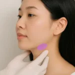 Double chin surgery side effects check: a gloved hand examining the area under a woman's chin