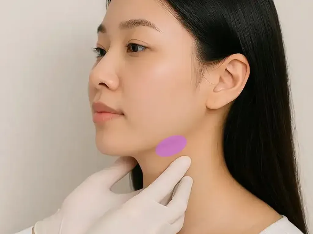 Double chin surgery side effects check: a gloved hand examining the area under a woman's chin