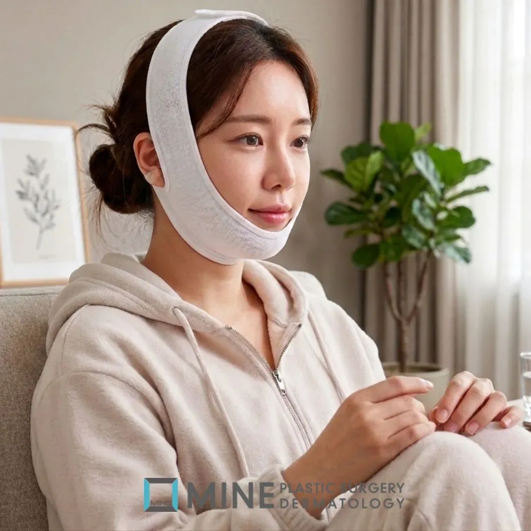Woman wearing a chin compression band at home while watching for double chin surgery side effects during recovery