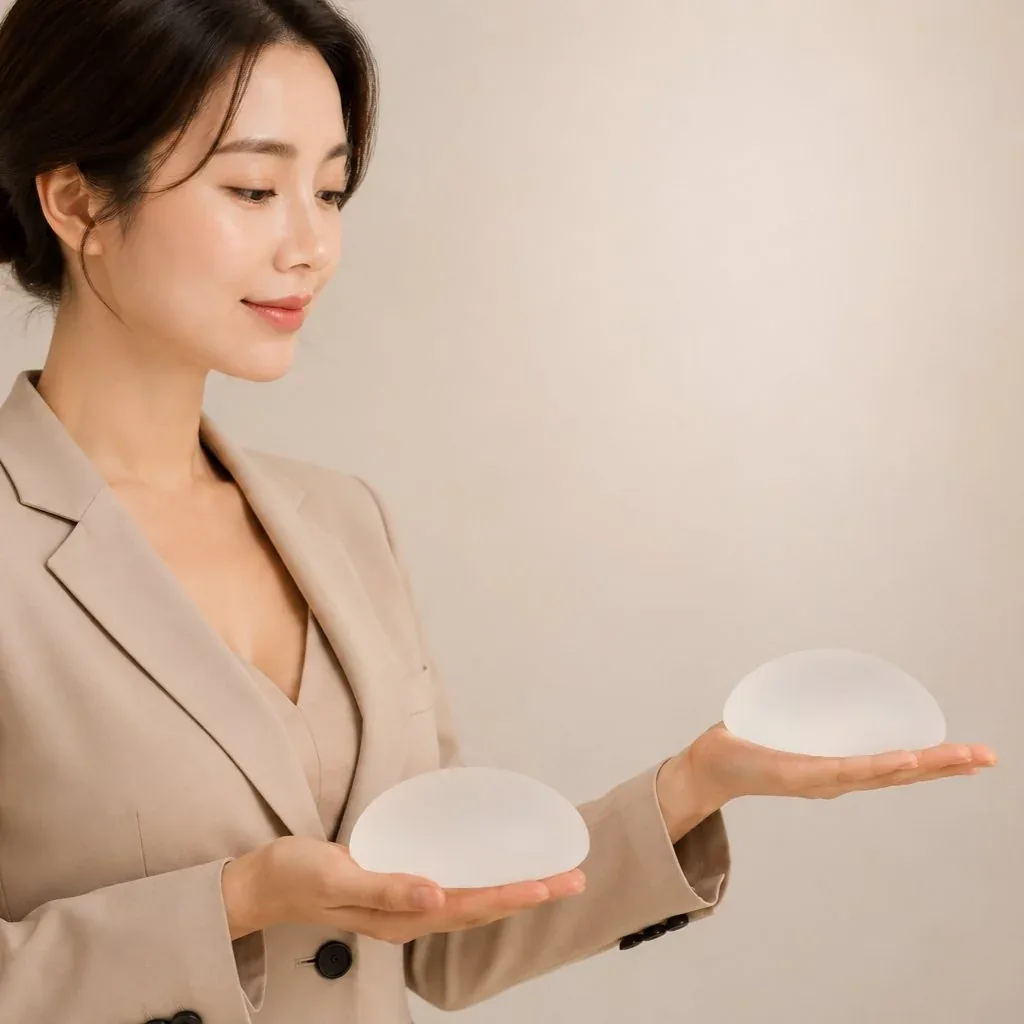 Woman comparing two silicone implant sizes while considering downsizing breast implants