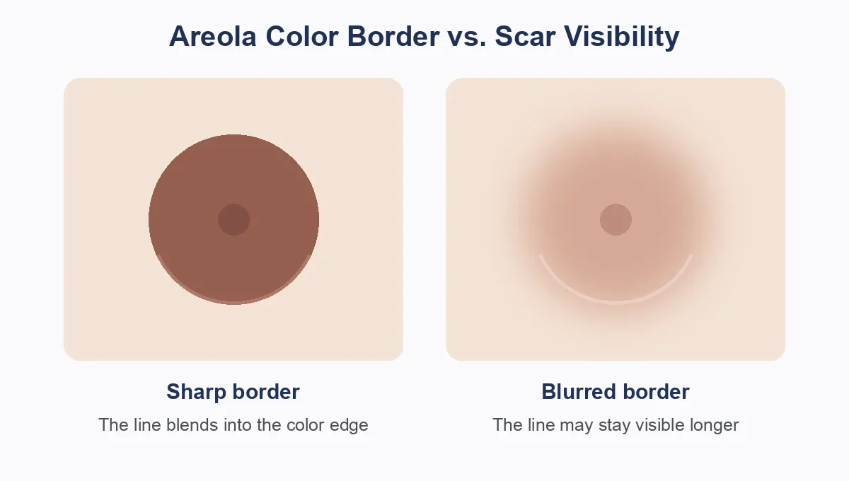 Concept diagram of how gynecomastia surgery scars show with a sharp versus a blurred areola color border