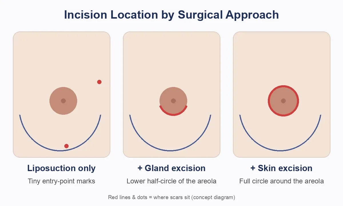 Concept diagram of gynecomastia surgery scars by approach: liposuction entry marks, lower half-circle areolar incision and full periareolar circle