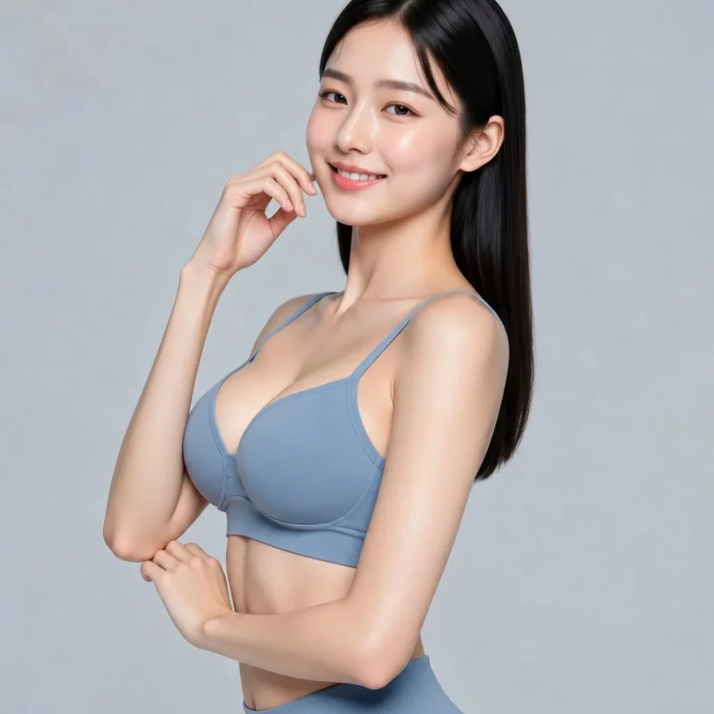 Smiling model in a grey sports bra, used as the cover illustration for a breast surgery method comparison guide