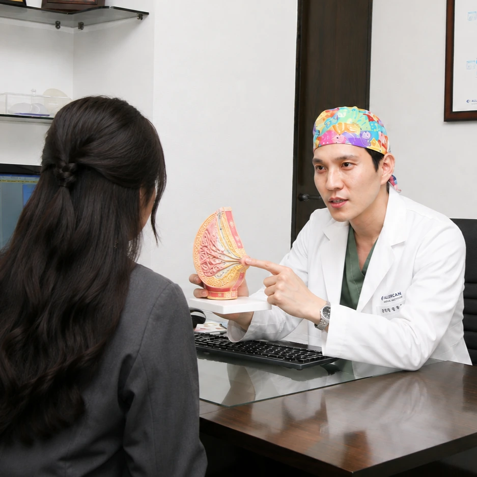Plastic surgeon explaining the causes of inverted nipple recurrence to a patient using a breast anatomy model during a one-on-one consultation