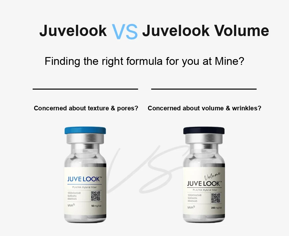 Juvelook vs Juvelook Volume vials: skin version for texture and pores, Volume version for volume and wrinkles