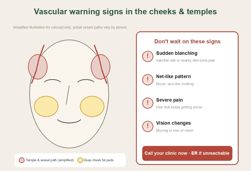 Vascular warning signs in the cheeks and temples after Juvelook Volume: blanching, net-like mottling, severe pain, vision changes