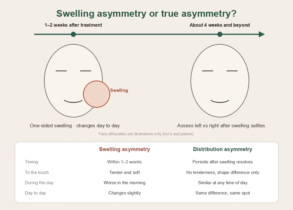 Swelling asymmetry vs true distribution asymmetry after Juvelook Volume, at 1–2 weeks and after about 4 weeks