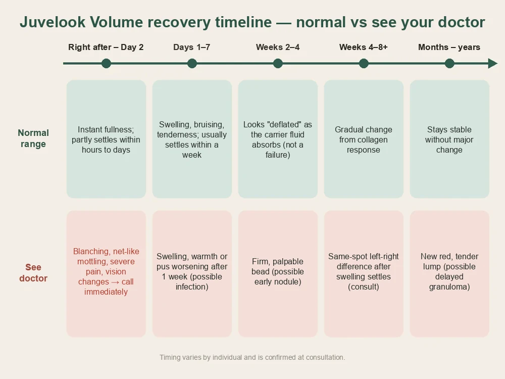 Juvelook volume side effects timeline: normal recovery changes vs signs to see your doctor, from day 1 to months