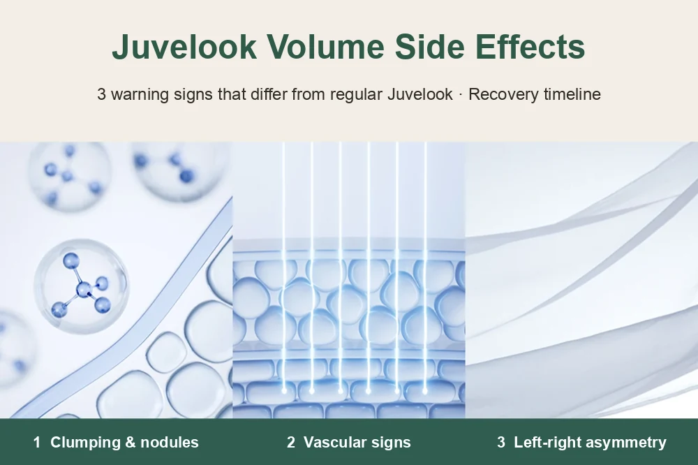 Juvelook Volume side effects: 3 warning signs — clumping and nodules, vascular signs, and left-right asymmetry
