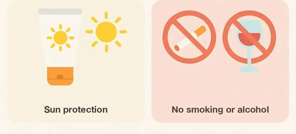 Aftercare icons for readers asking how long does a mini facelift last: sunscreen with sun symbols, and a crossed-out cigarette and wine glass