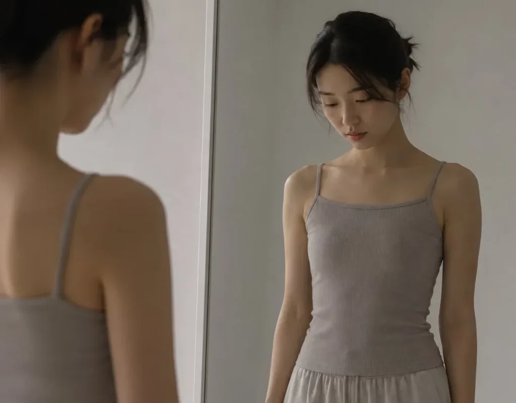 Woman with a slim frame looking at her reflection, considering motiva implants for a slim frame