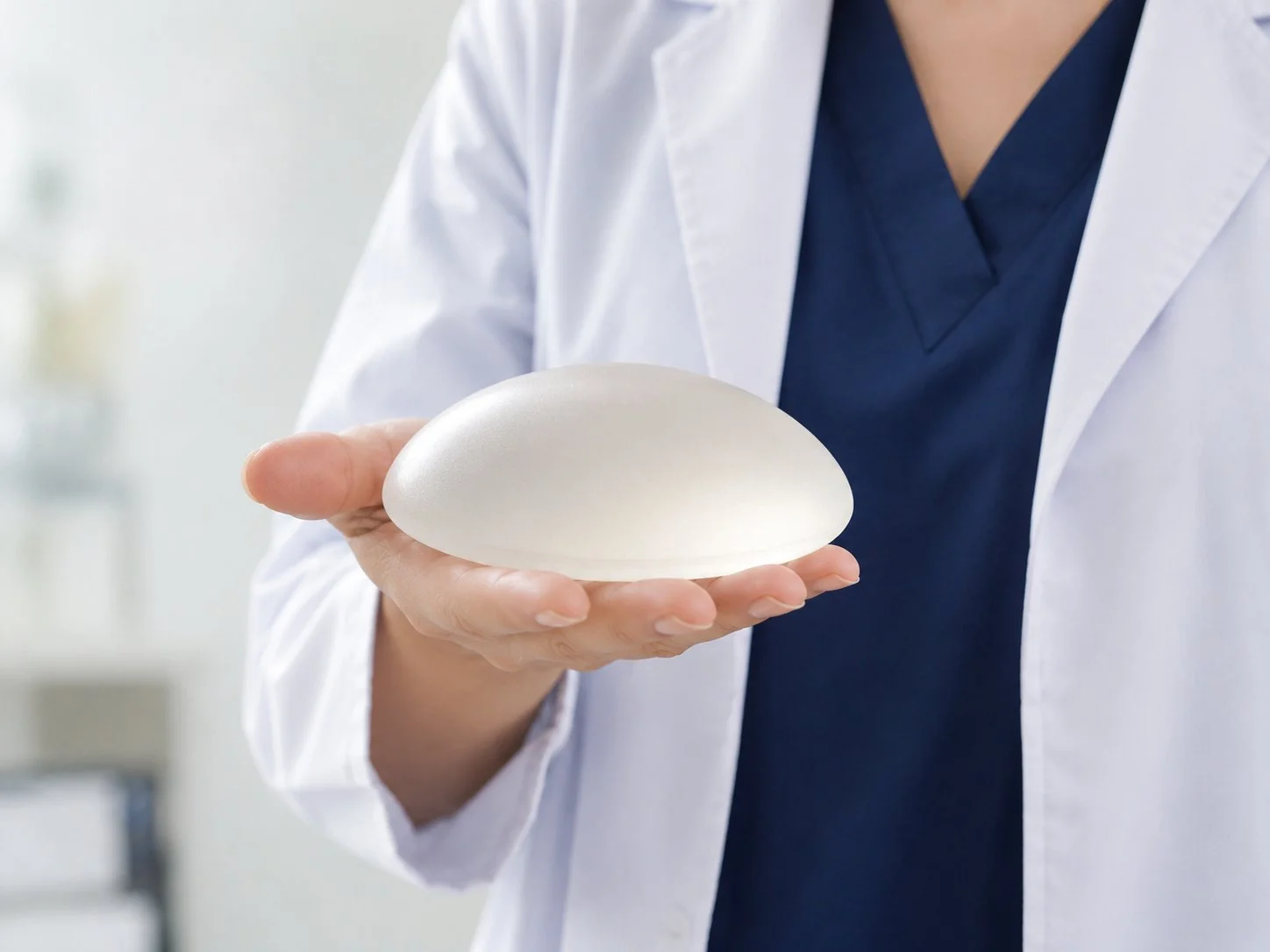 Clinician holding a round silicone breast implant sample during a Motiva vs Mentor consultation
