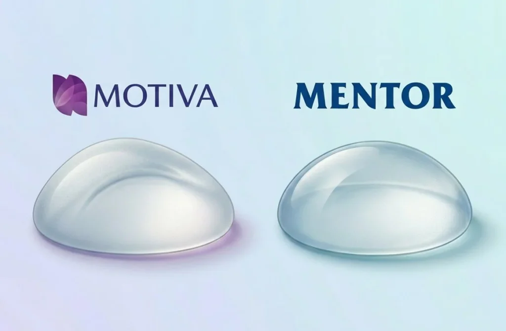 Motiva vs Mentor breast implants shown side by side in an illustrative render, not a product photo