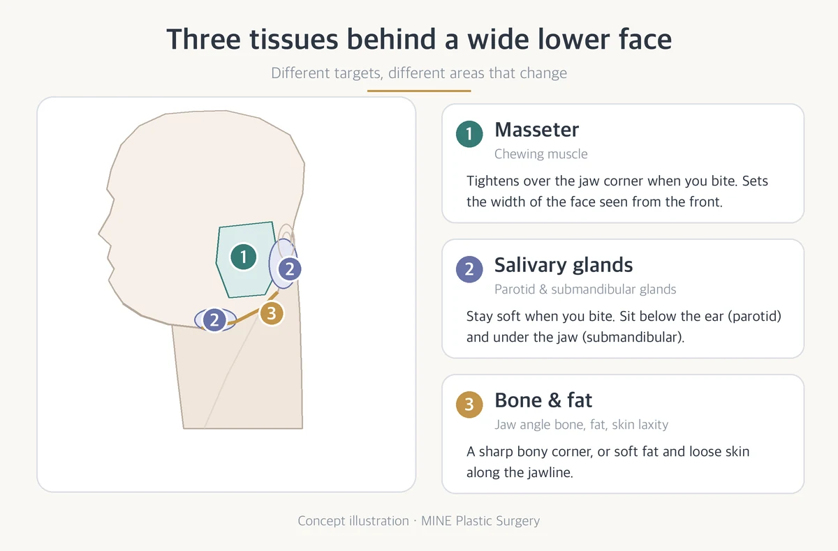 Parotid gland botox vs masseter botox diagram showing the masseter muscle at the jaw corner and the parotid gland below the ear
