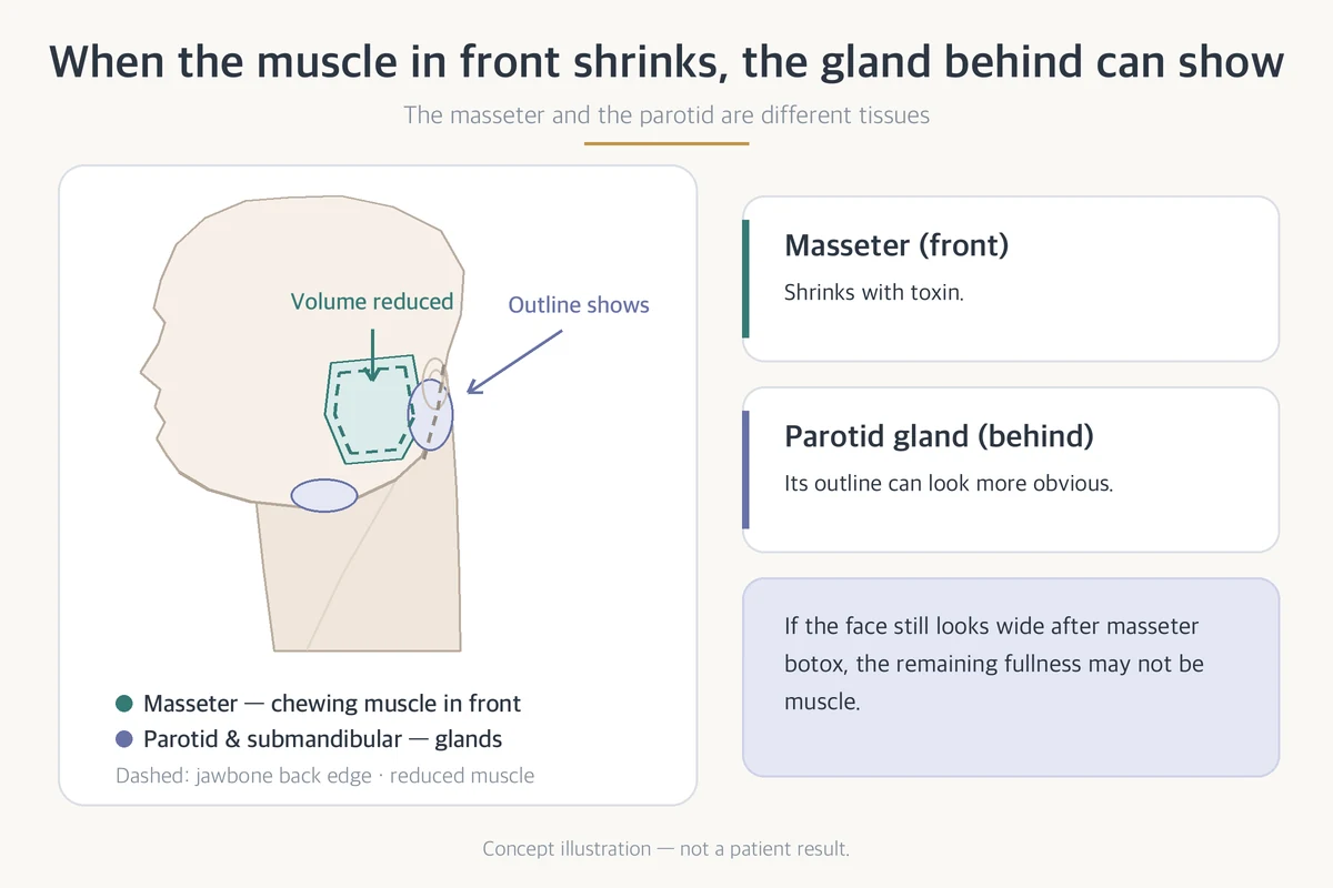 Illustration of how the parotid gland outline can become more visible after masseter botox reduces muscle volume