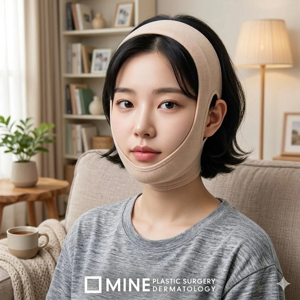 Staged image of a woman resting in a chin compression band during early recovery from neck surgery