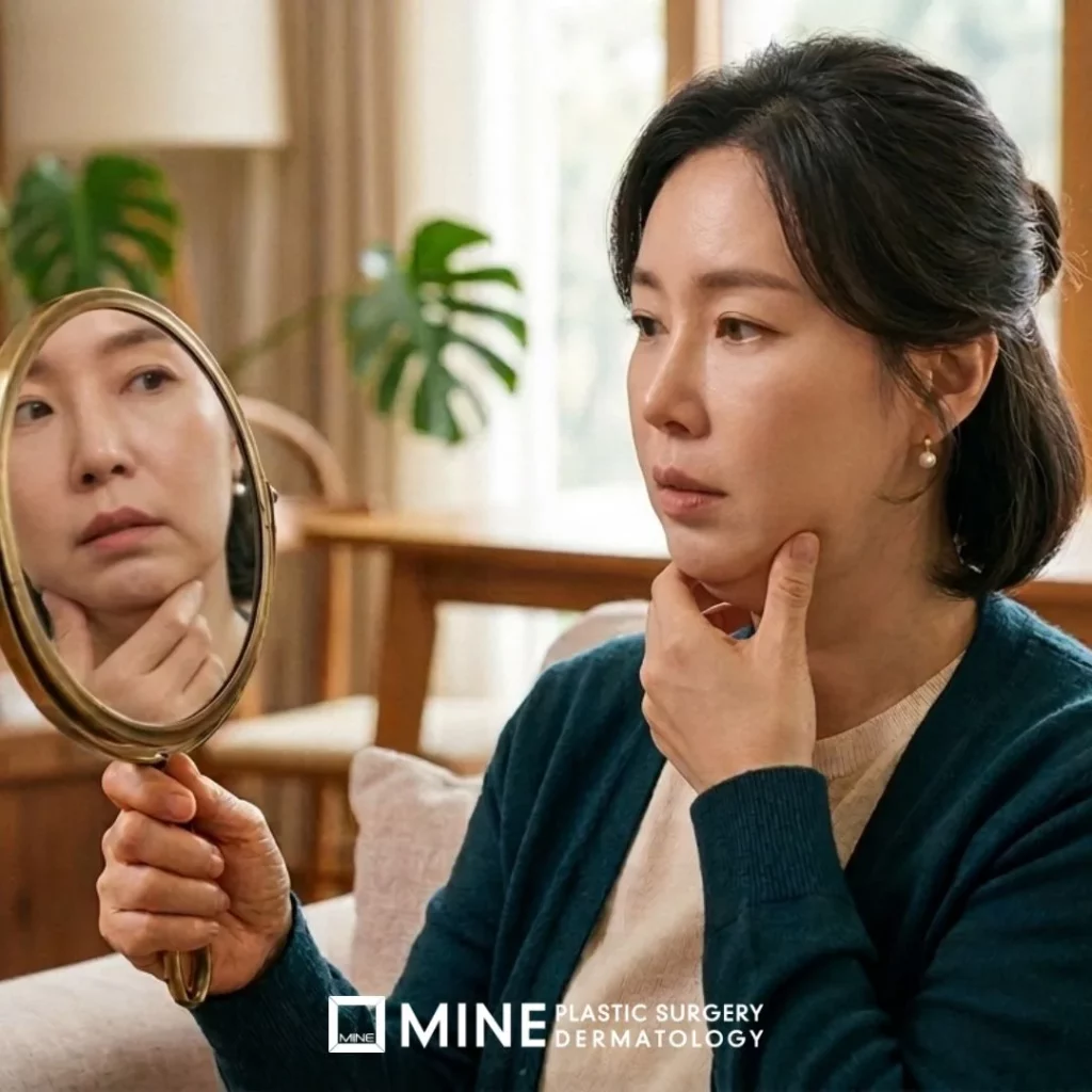 Platysmaplasty not working concern: staged image of a woman checking under her chin in a hand mirror