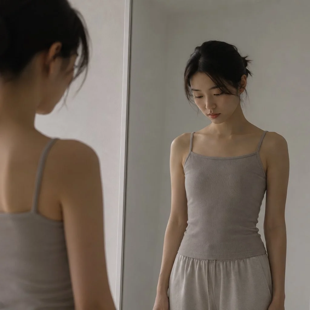 Model in a camisole looking in a mirror while weighing which of the types of breast surgery suits her concern