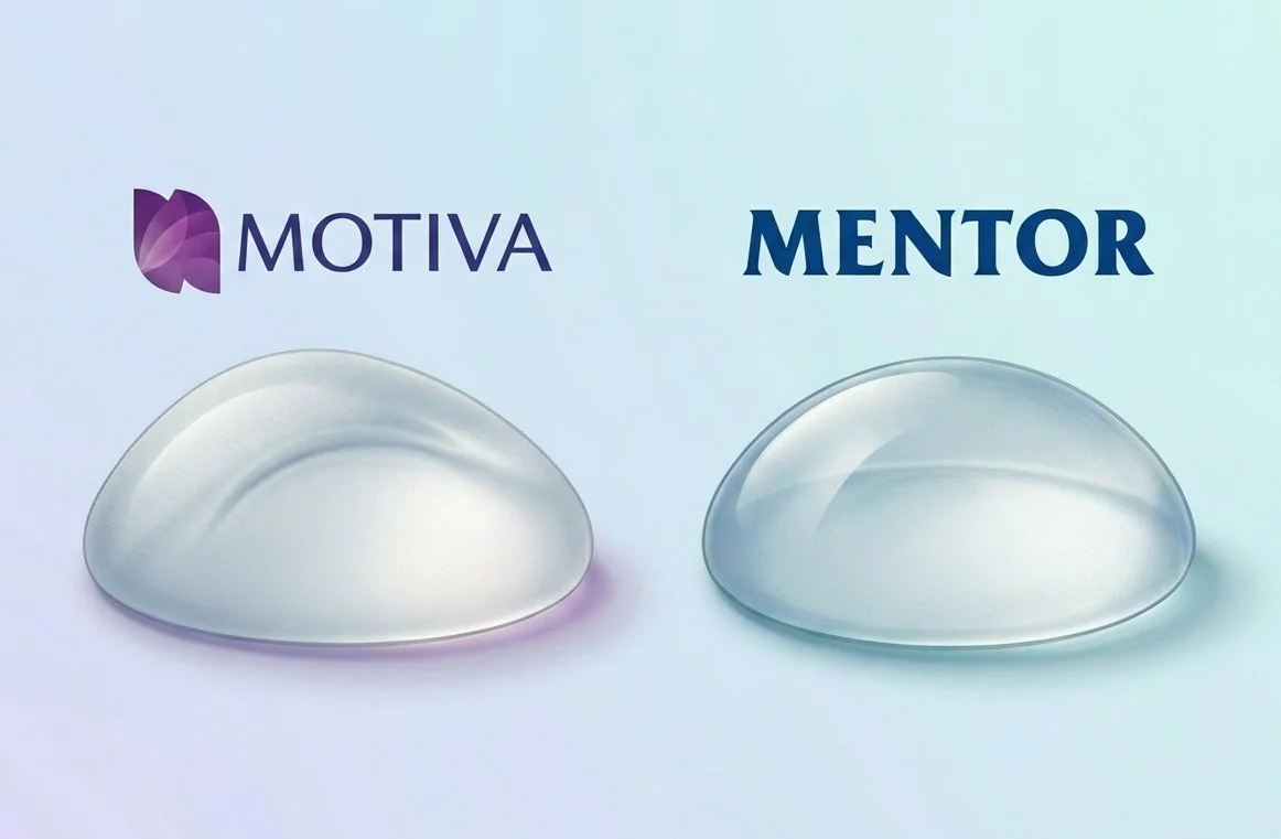 Illustration of two silicone breast implants with the Motiva and Mentor brand logos, implant options among the types of breast surgery