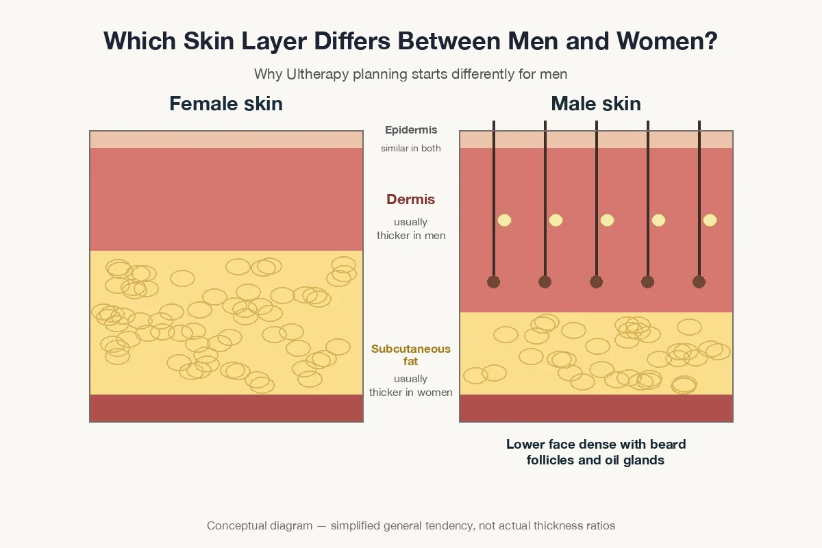Ultherapy for men: diagram comparing male and female skin layers, with a thicker dermis and dense beard follicles in men